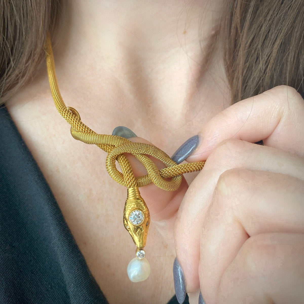 Vintage Snake Necklace | Diamond &amp; Pearl Snake Necklace - Trademark Antiques