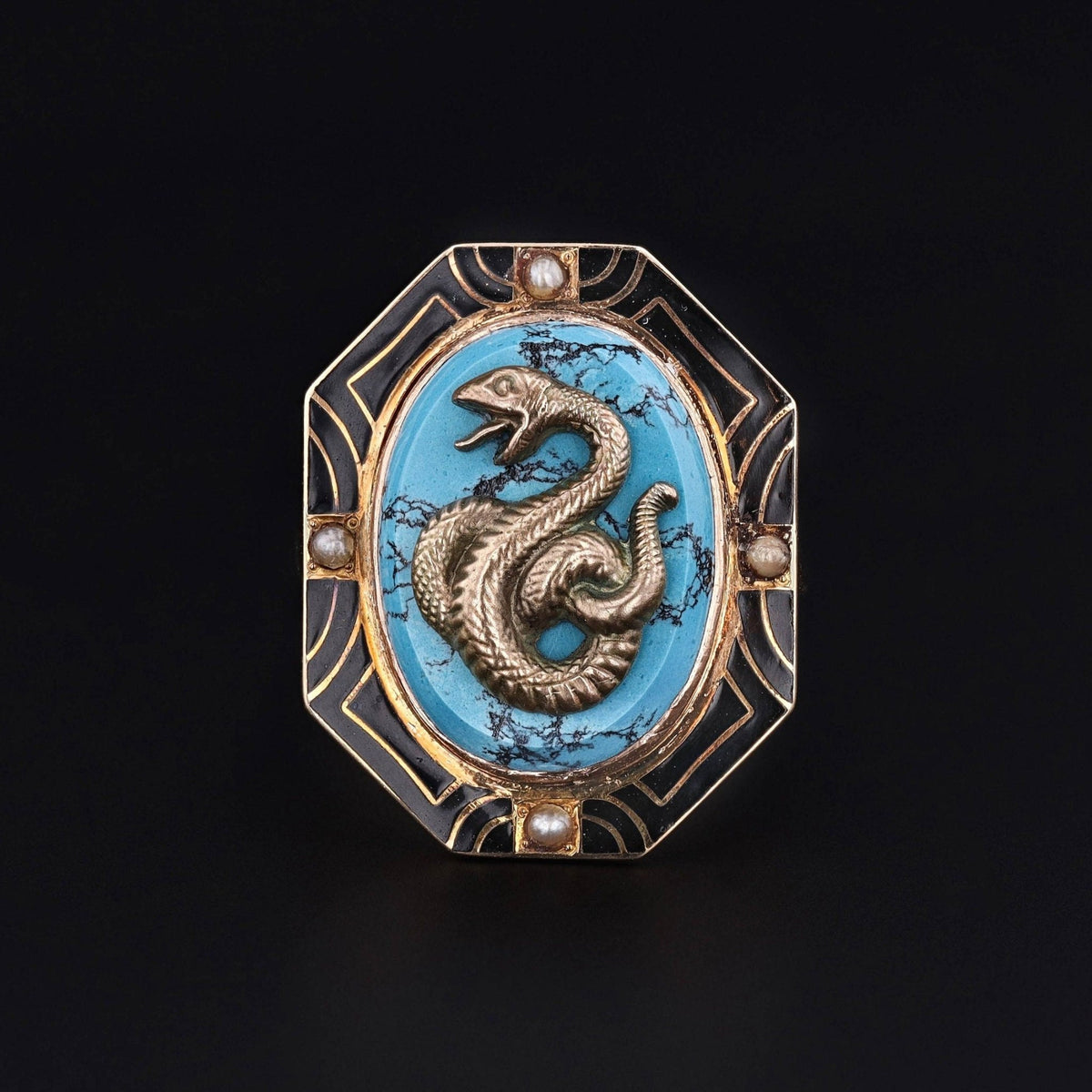 Vintage Snake Turquoise, Enamel and Pearl Conversion Ring of 14k Gold - Trademark Antiques