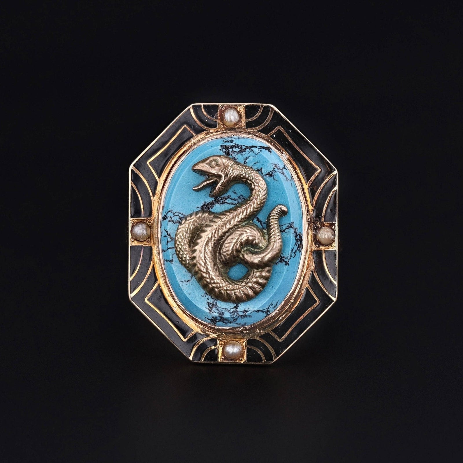 Vintage Snake Turquoise, Enamel and Pearl Conversion Ring of 14k Gold - Trademark Antiques
