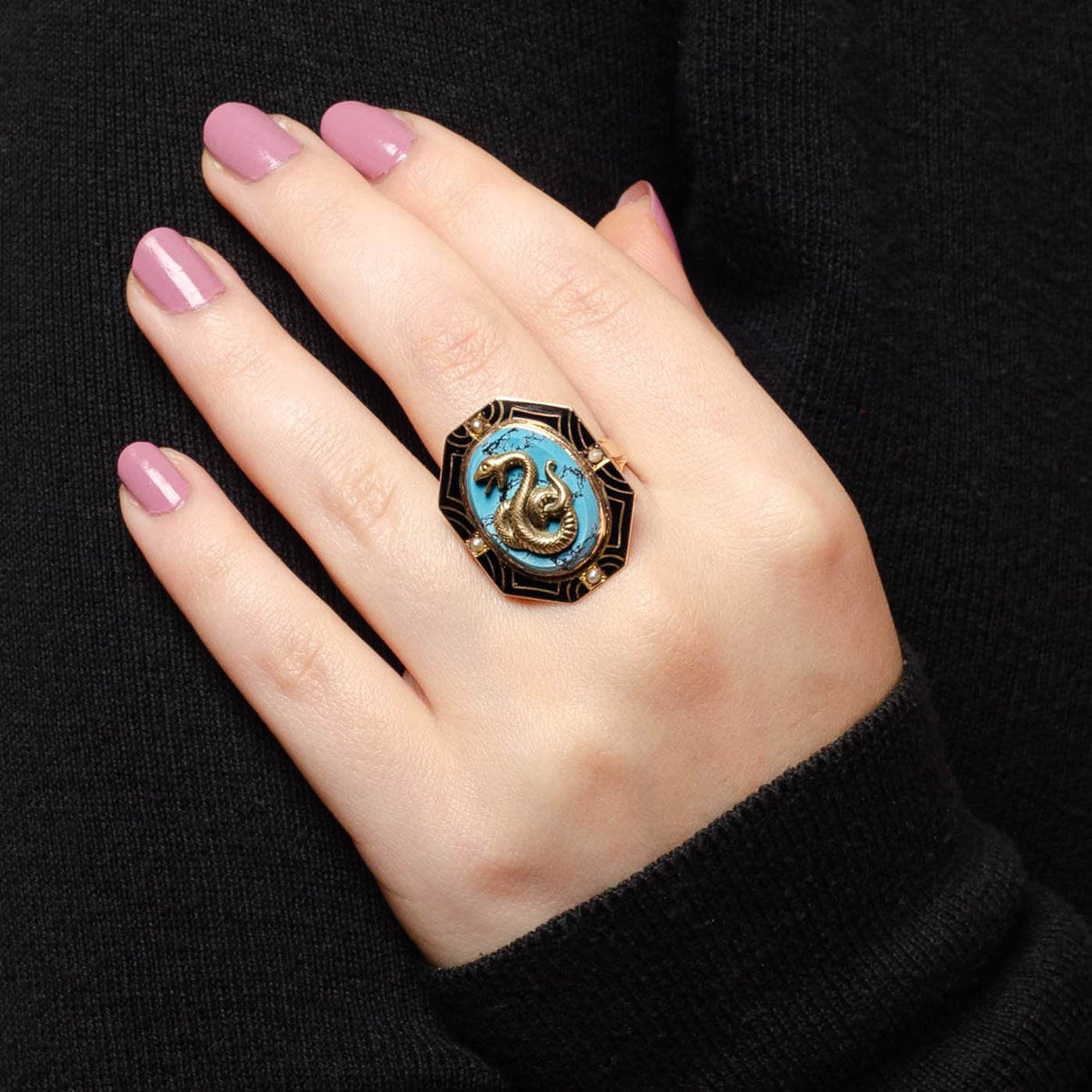 Vintage Snake Turquoise, Enamel and Pearl Conversion Ring of 14k Gold - Trademark Antiques