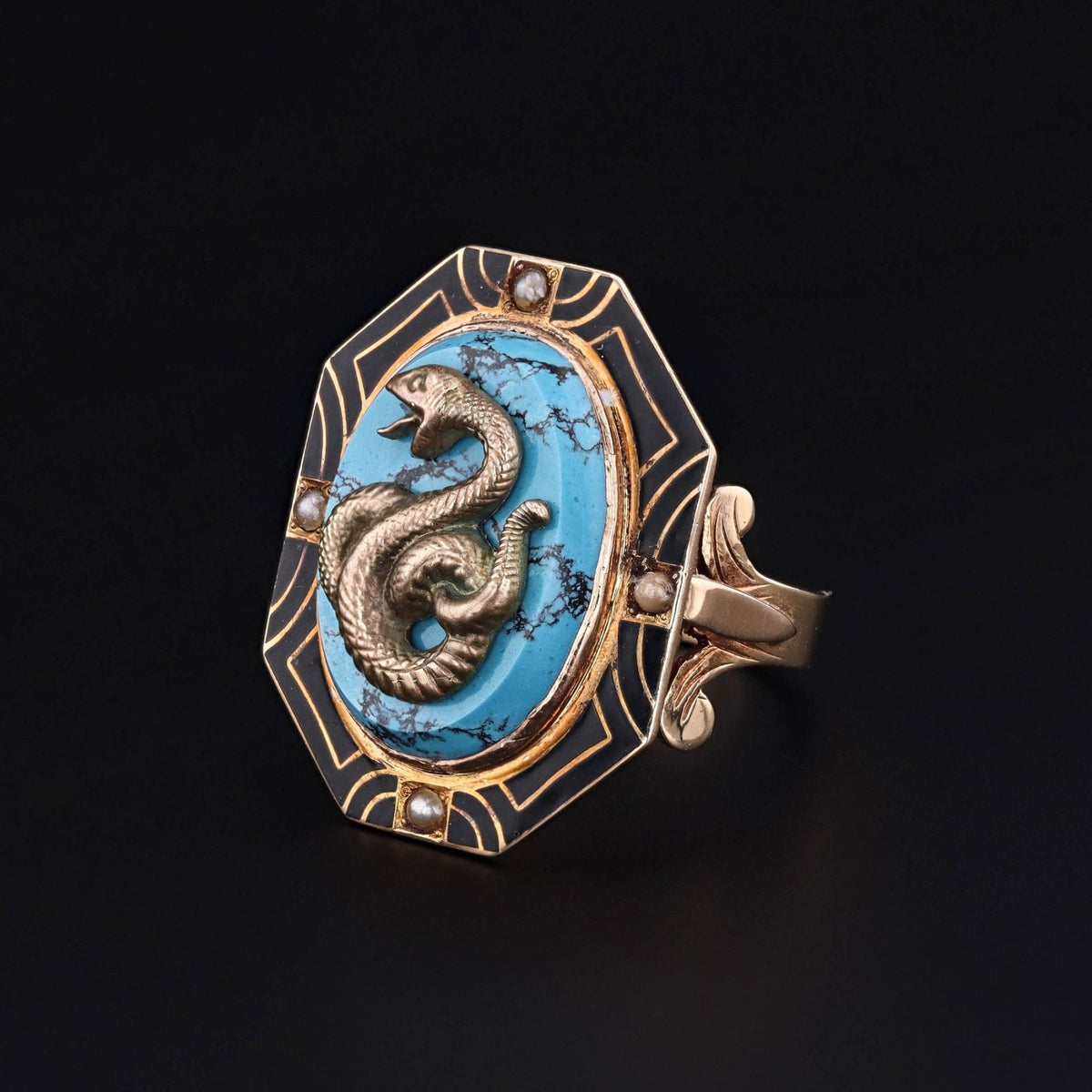Vintage Snake Turquoise, Enamel and Pearl Conversion Ring of 14k Gold - Trademark Antiques