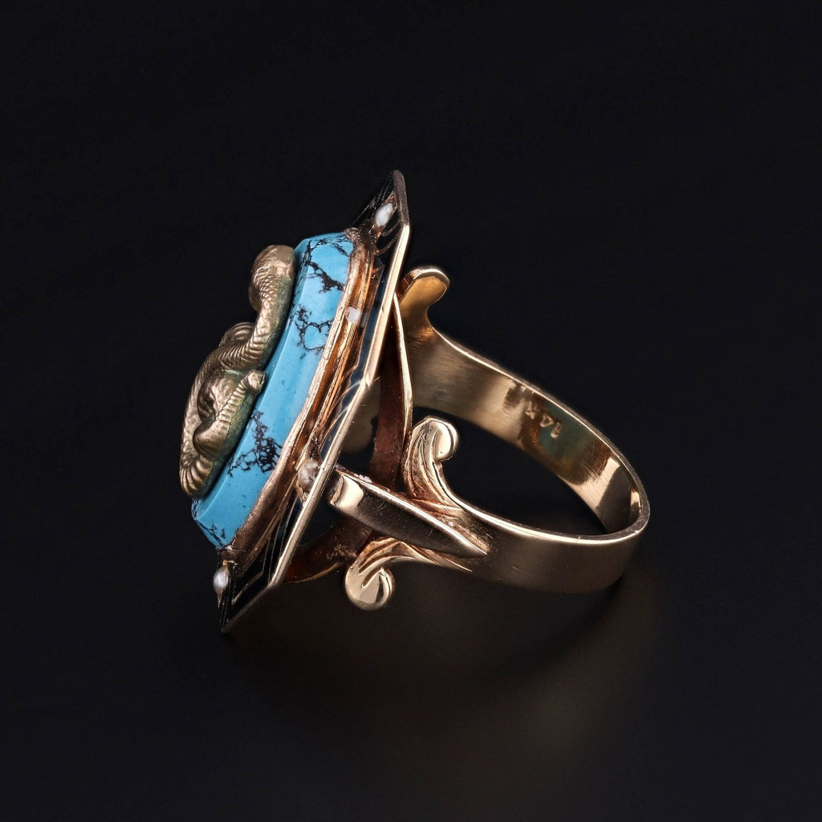 Vintage Snake Turquoise, Enamel and Pearl Conversion Ring of 14k Gold - Trademark Antiques