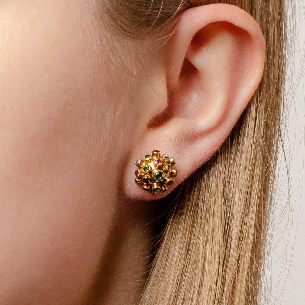 Vintage Sputnik Stud Earrings of 18k Gold and Assorted Gemstones - Trademark Antiques