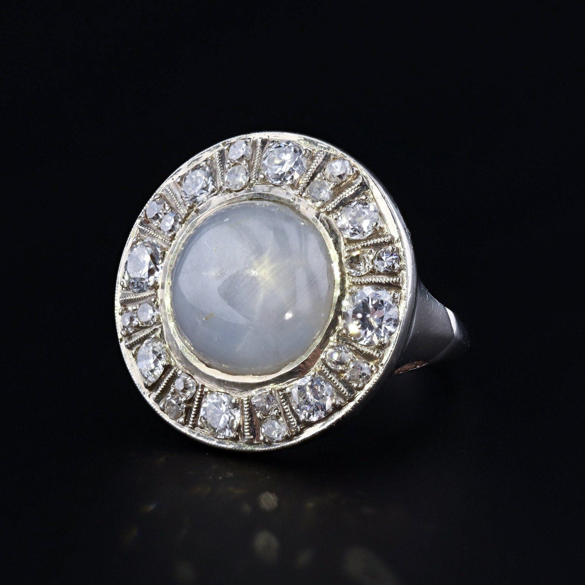Vintage Star Sapphire and Diamond Halo Ring of 14k White Gold - Trademark Antiques