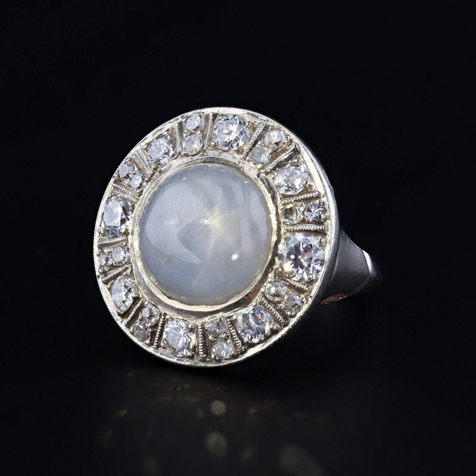Vintage Star Sapphire and Diamond Halo Ring of 14k White Gold - Trademark Antiques