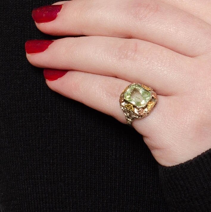 Vintage Synthetic Green Spinel Filigree Ring - Trademark Antiques
