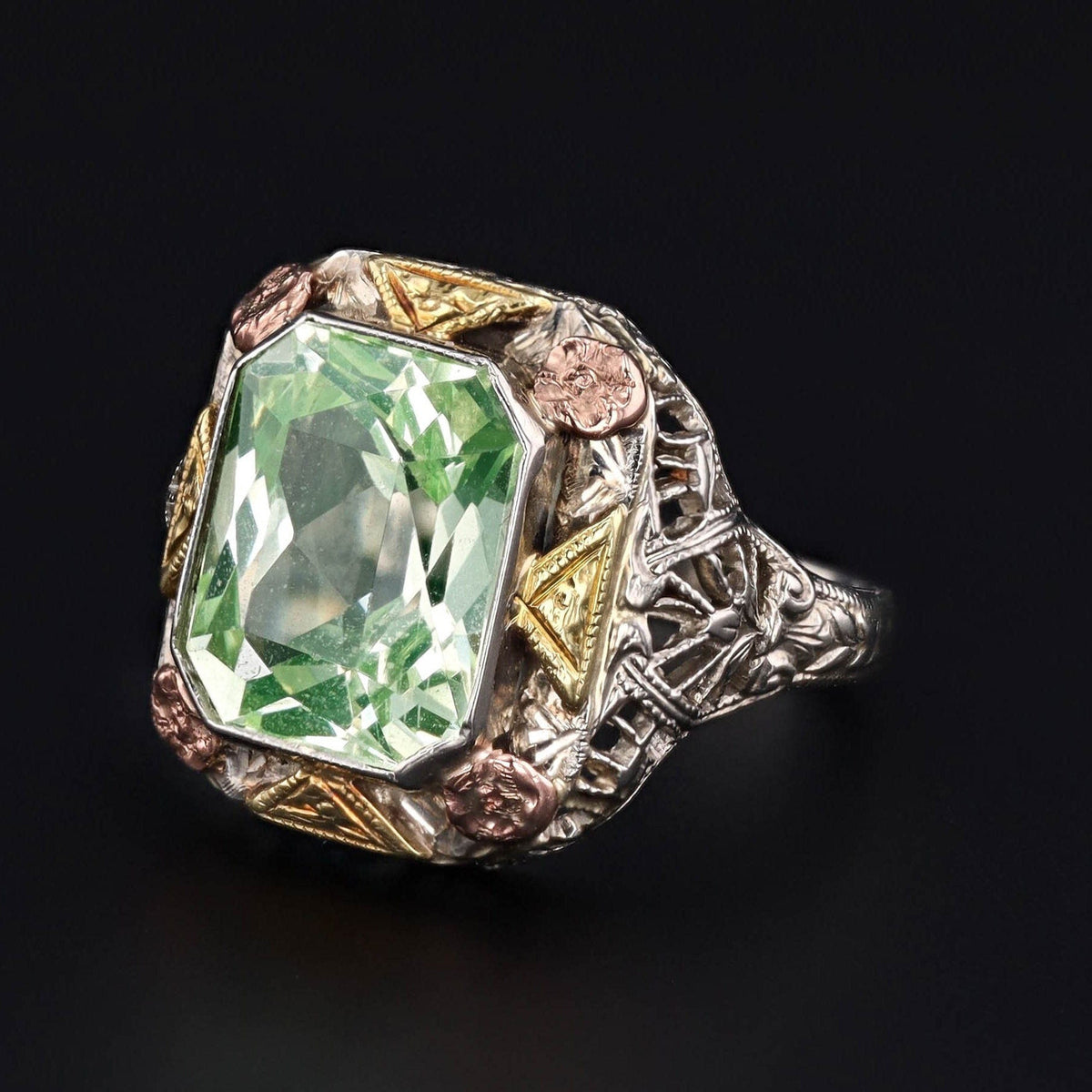 Vintage Synthetic Green Spinel Filigree Ring - Trademark Antiques