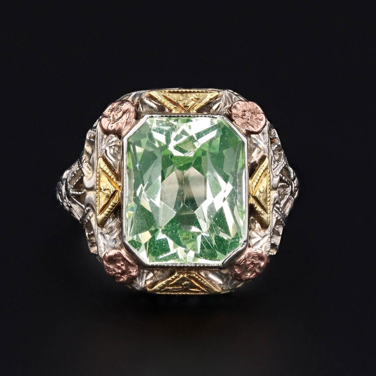 Vintage Synthetic Green Spinel Filigree Ring - Trademark Antiques