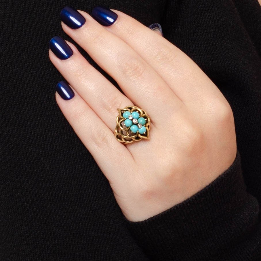 Vintage Turquoise and Diamond Ring of 14k Gold - Trademark Antiques