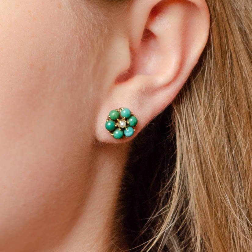 Vintage Turquoise and Pearl Flower Earrings of 10k Gold - Trademark Antiques