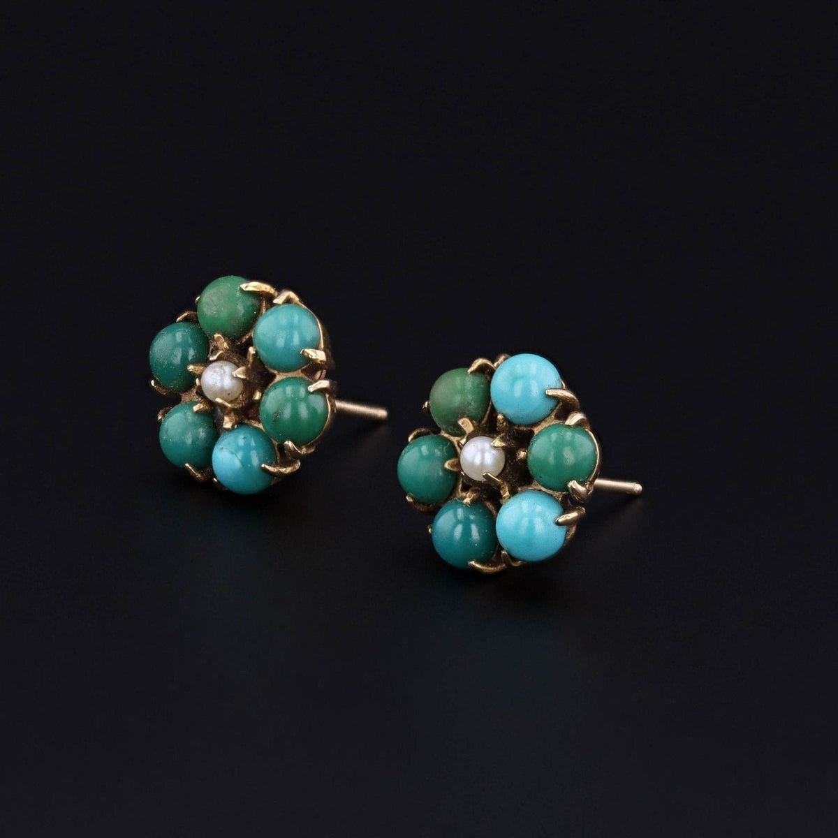Vintage Turquoise and Pearl Flower Earrings of 10k Gold - Trademark Antiques