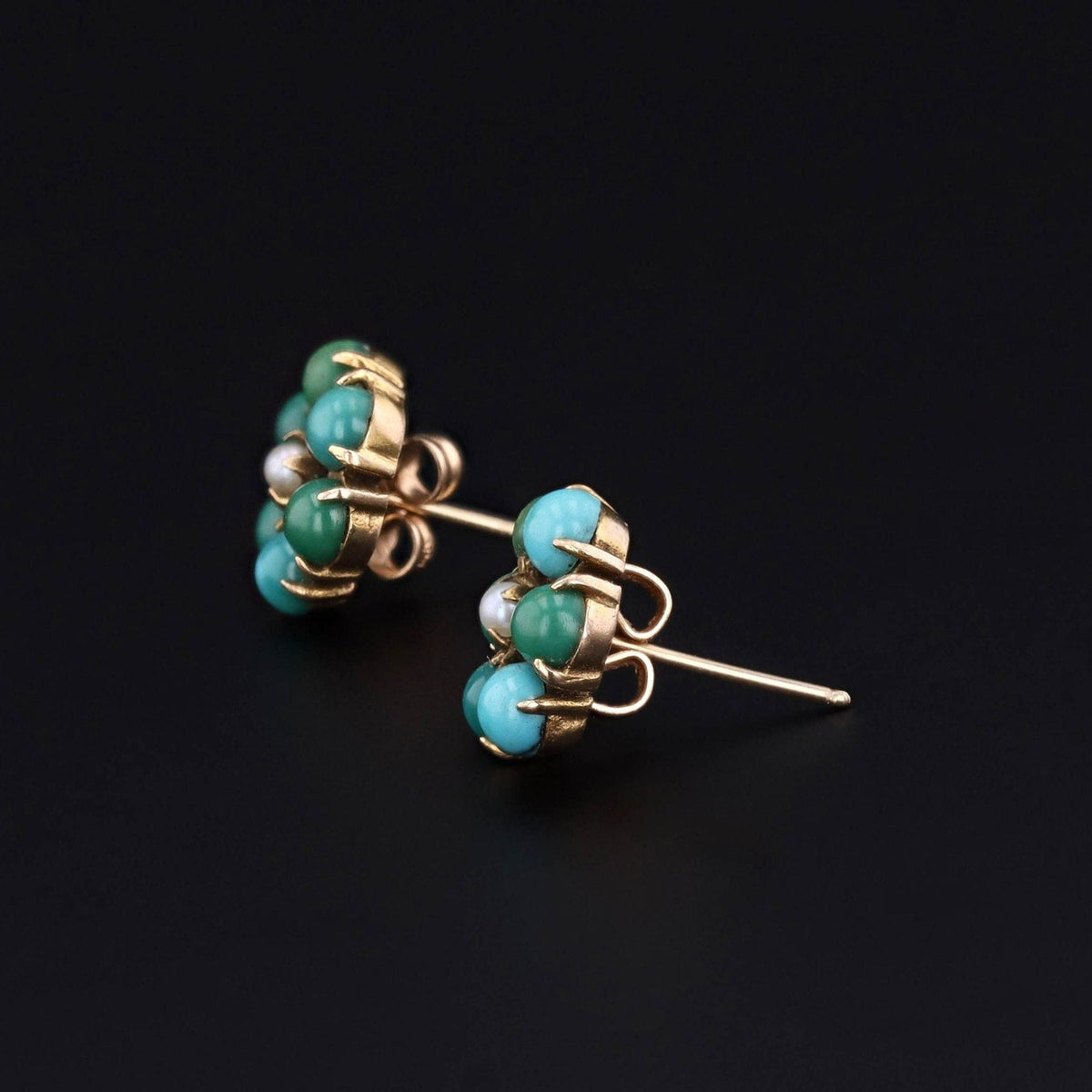 Vintage Turquoise and Pearl Flower Earrings of 10k Gold - Trademark Antiques