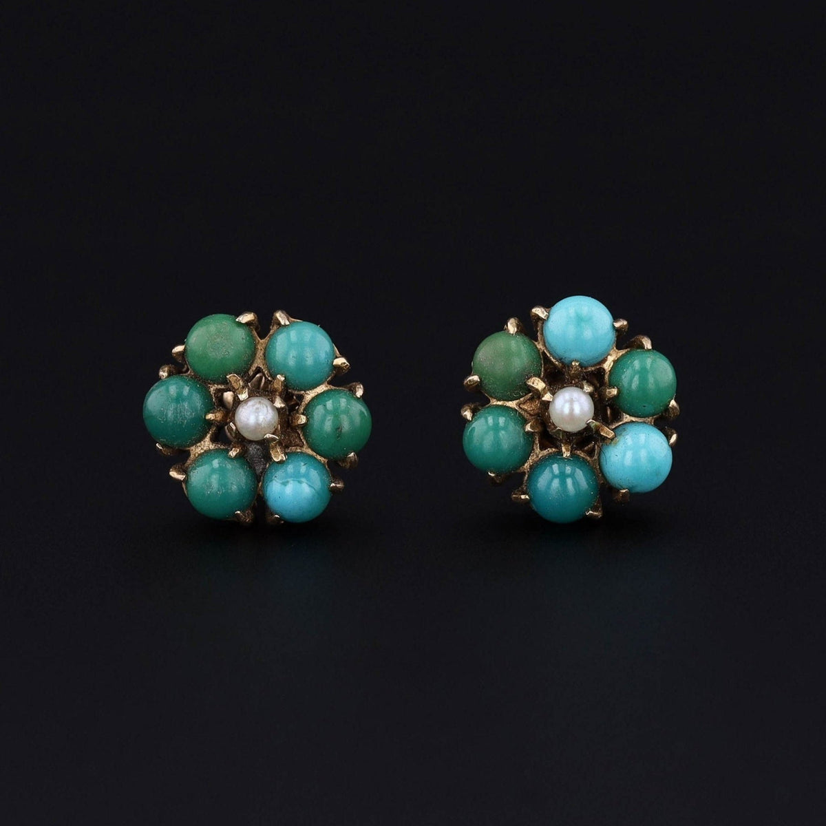 Vintage Turquoise and Pearl Flower Earrings of 10k Gold - Trademark Antiques