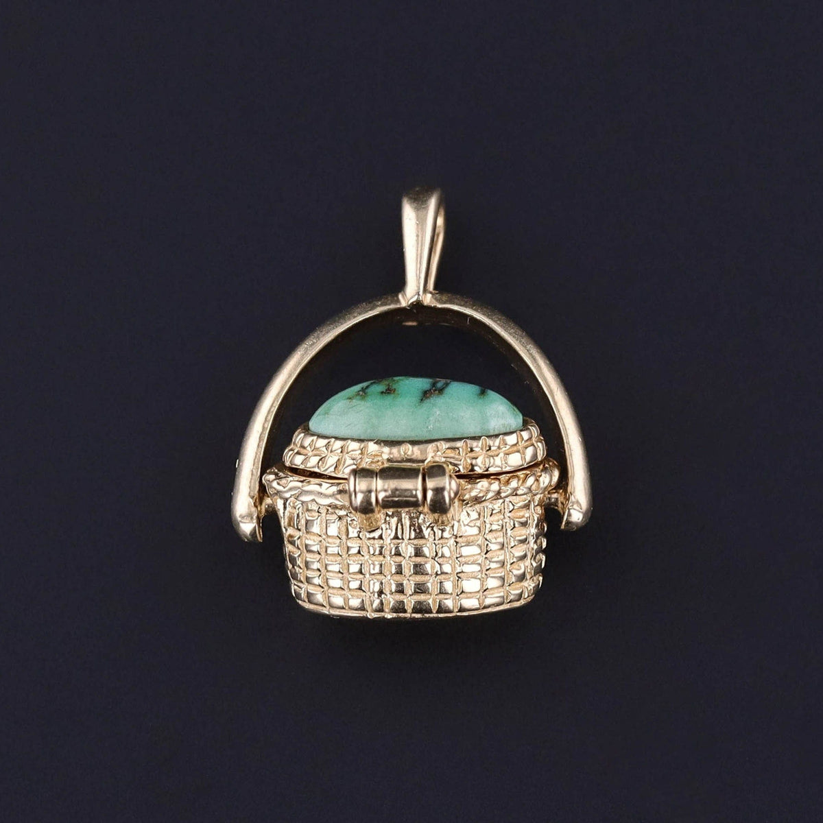 Vintage Turquoise Basket Locket Pendant of 14k Gold - Trademark Antiques