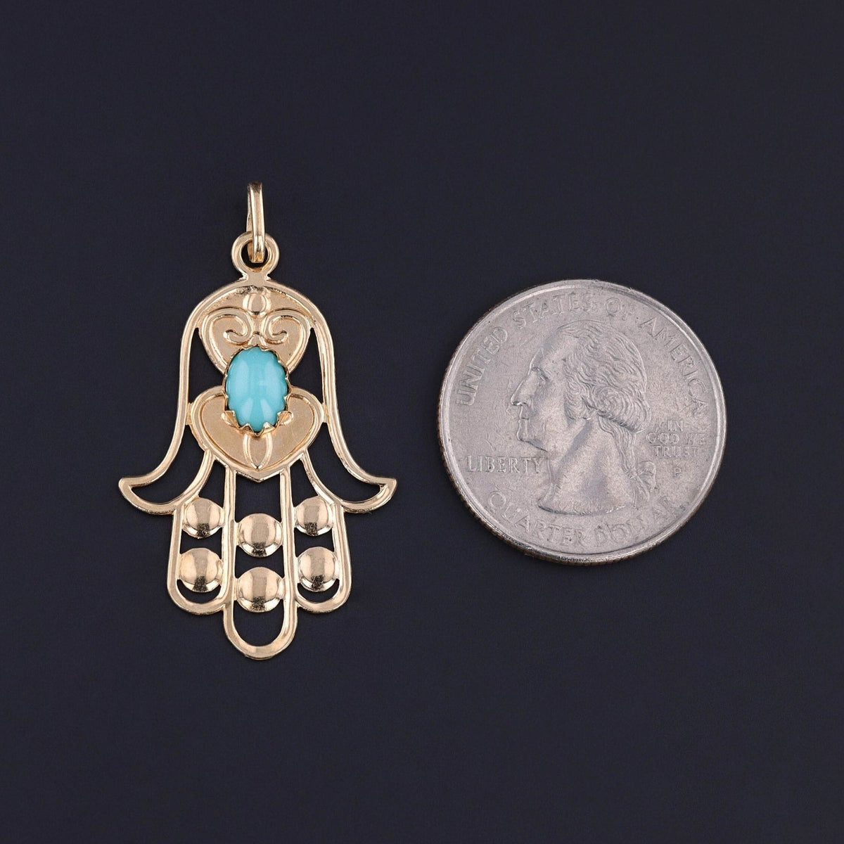 Vintage Turquoise Hamsa Pendant of 18k Gold - Trademark Antiques