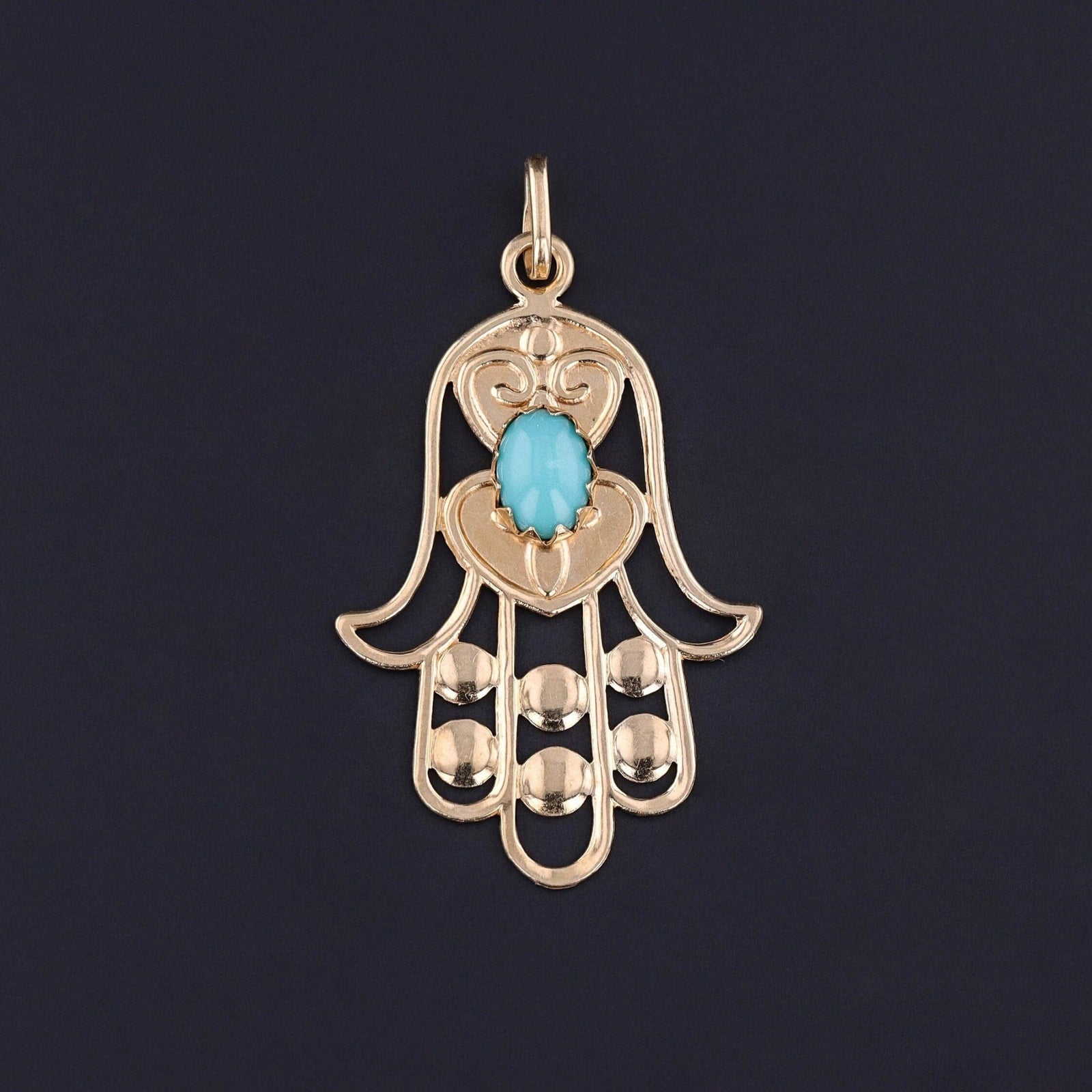 Vintage Turquoise Hamsa Pendant of 18k Gold - Trademark Antiques