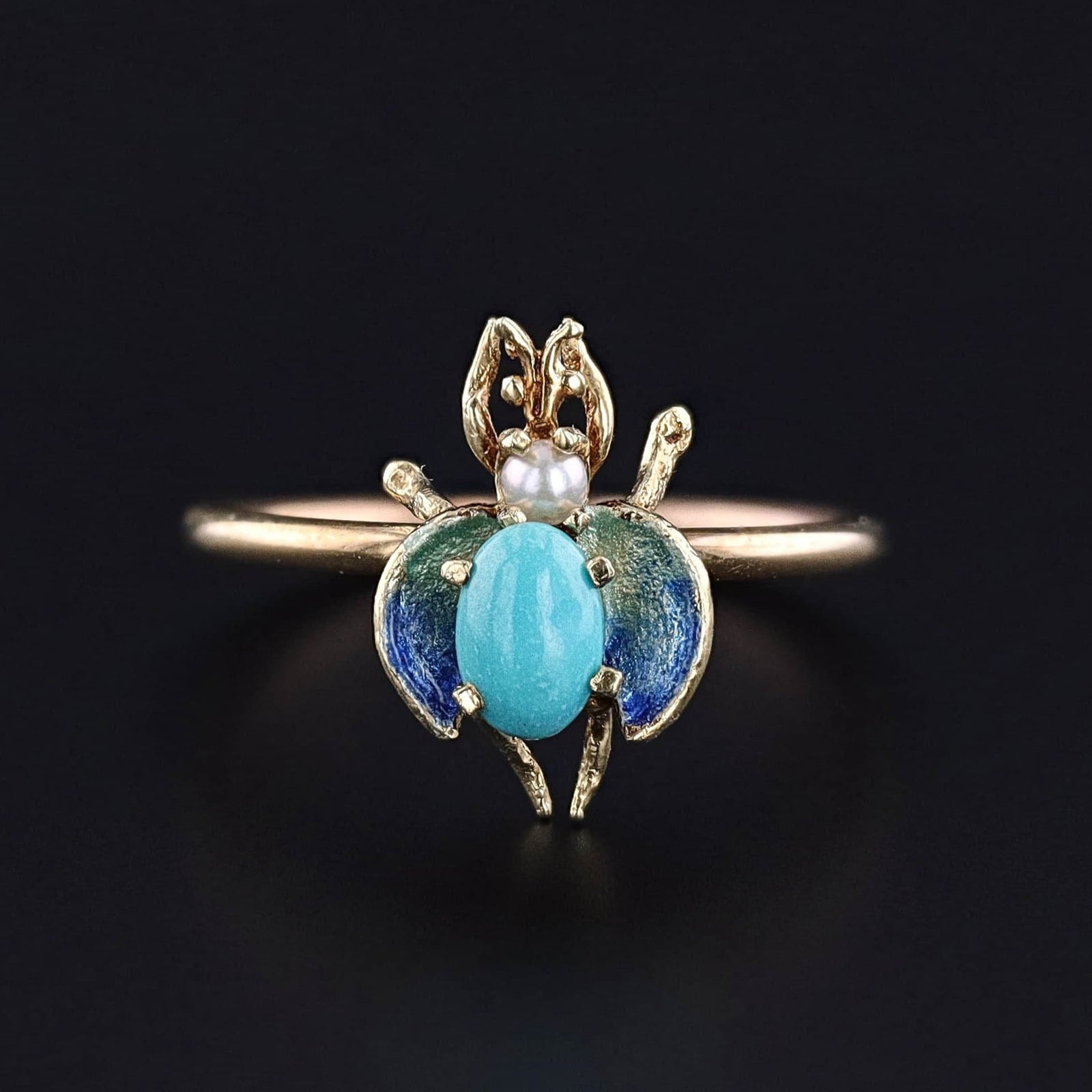 Vintage Turquoise Insect Conversion Ring of 10k Gold - Trademark Antiques