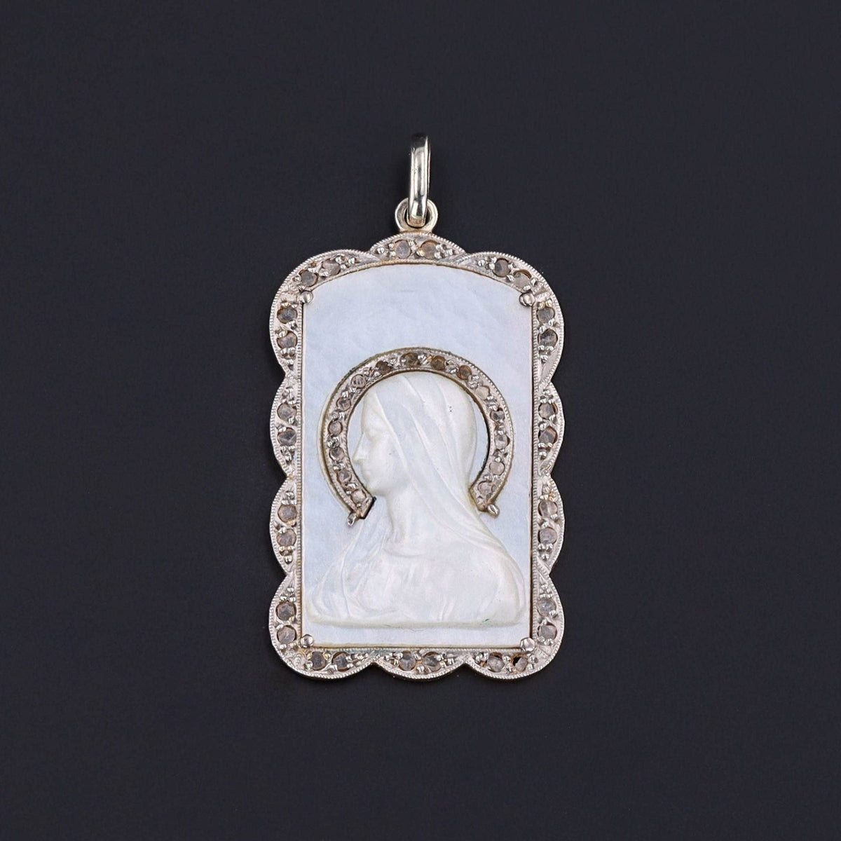 Vintage Virgin Mary Pendant of Mother of Pearl and Diamond - Trademark Antiques