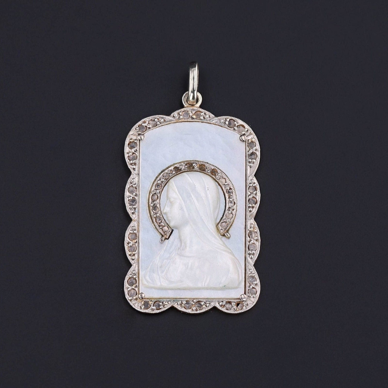 Vintage Virgin Mary Pendant of Mother of Pearl and Diamond - Trademark Antiques
