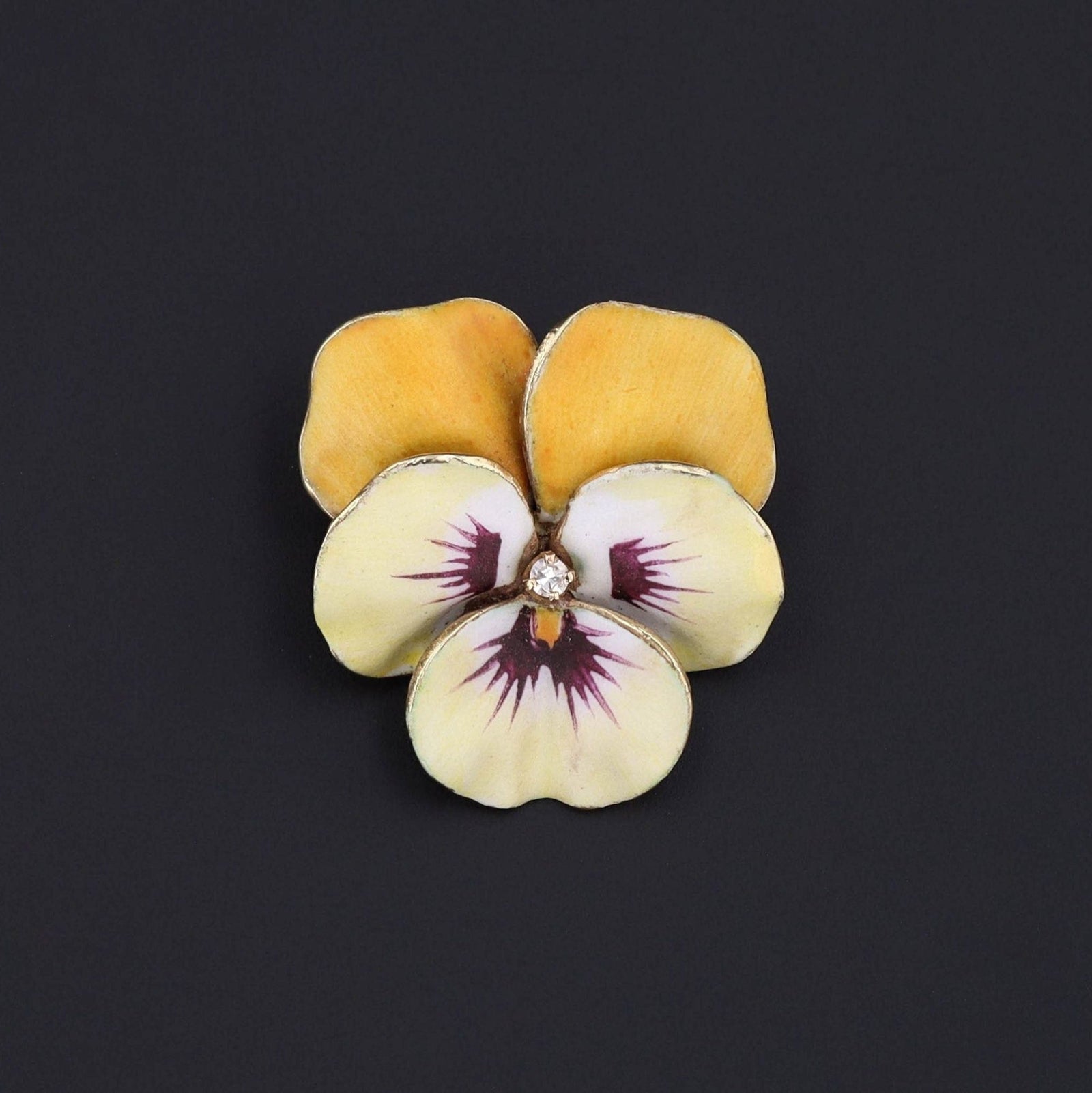 Vintage Yellow Enamel Pansy Brooch of 14k Gold - Trademark Antiques