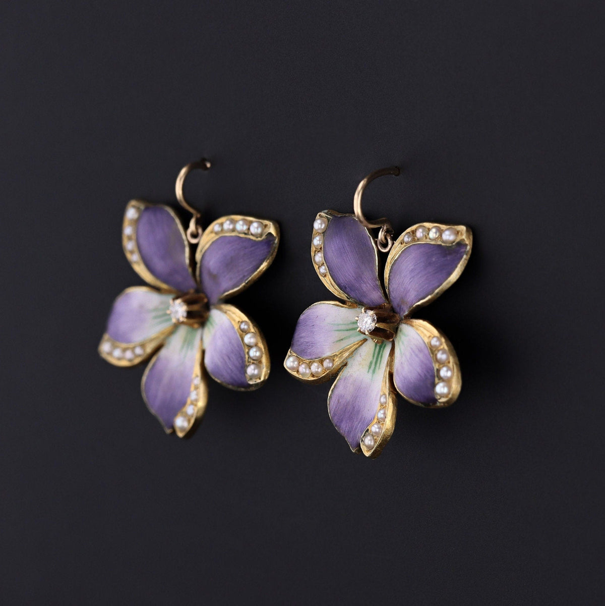 Violet Earrings | 14k Enamel Flower Earrings - Trademark Antiques