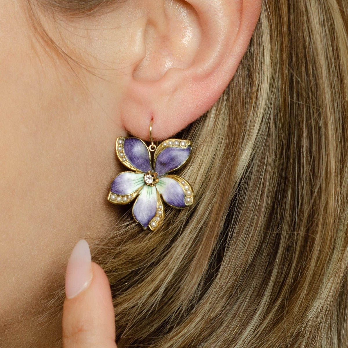 Violet Earrings | 14k Enamel Flower Earrings - Trademark Antiques
