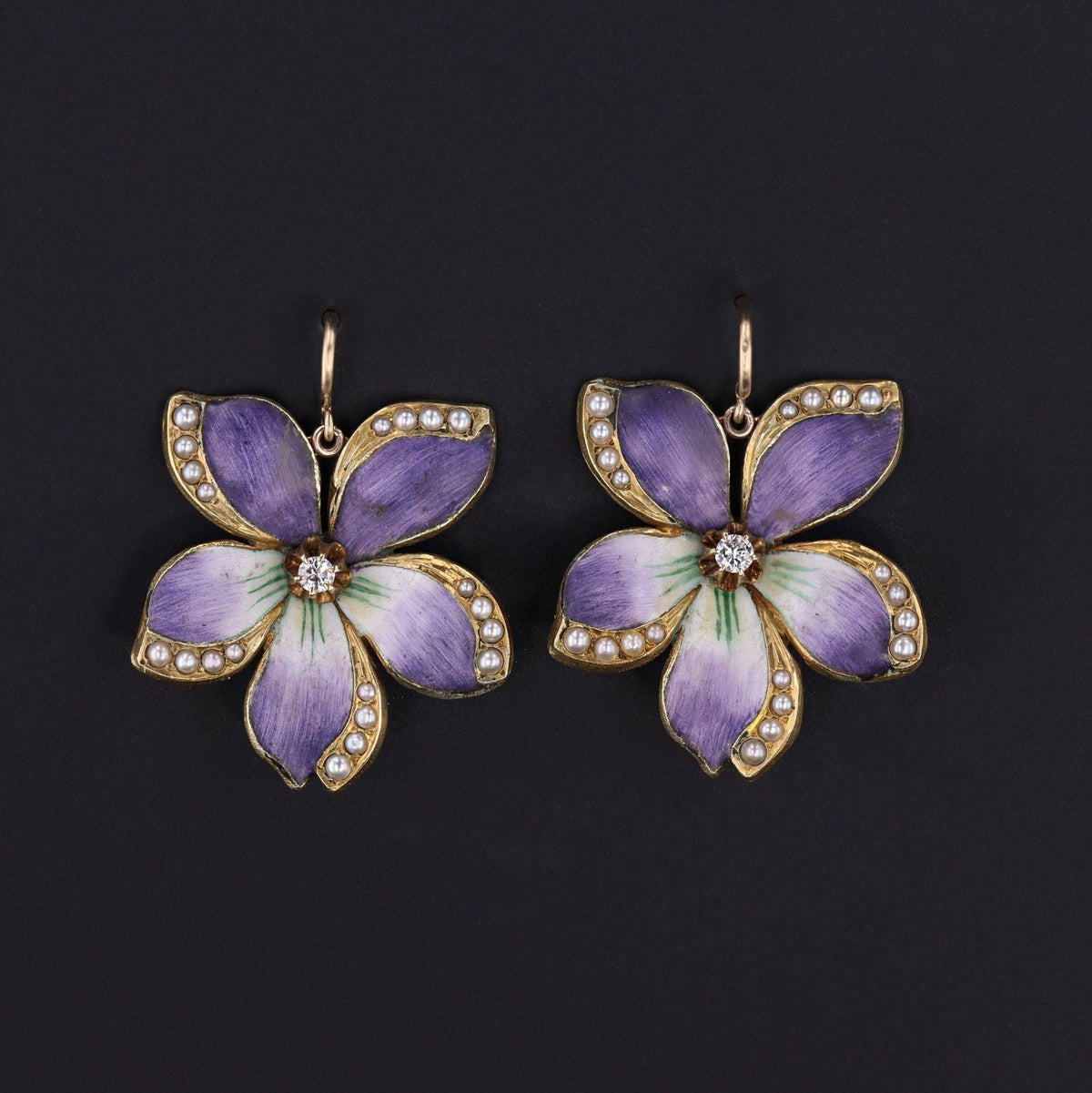 Violet Earrings | 14k Enamel Flower Earrings - Trademark Antiques
