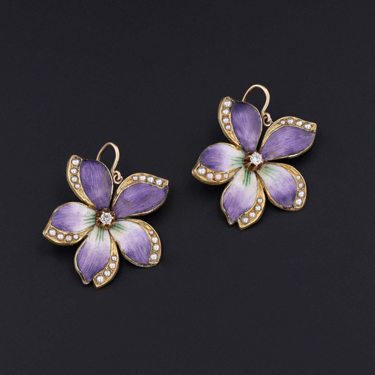 Violet Earrings | 14k Enamel Flower Earrings - Trademark Antiques