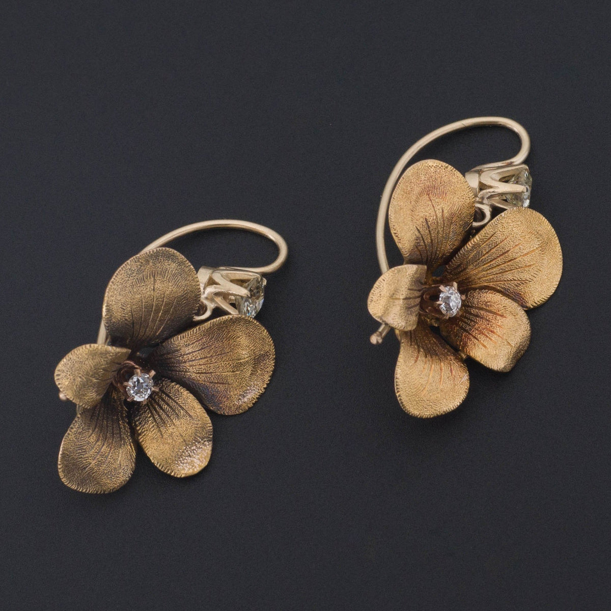 Violet Earrings | 14k Gold &amp; Diamond Flower Earrings - Trademark Antiques