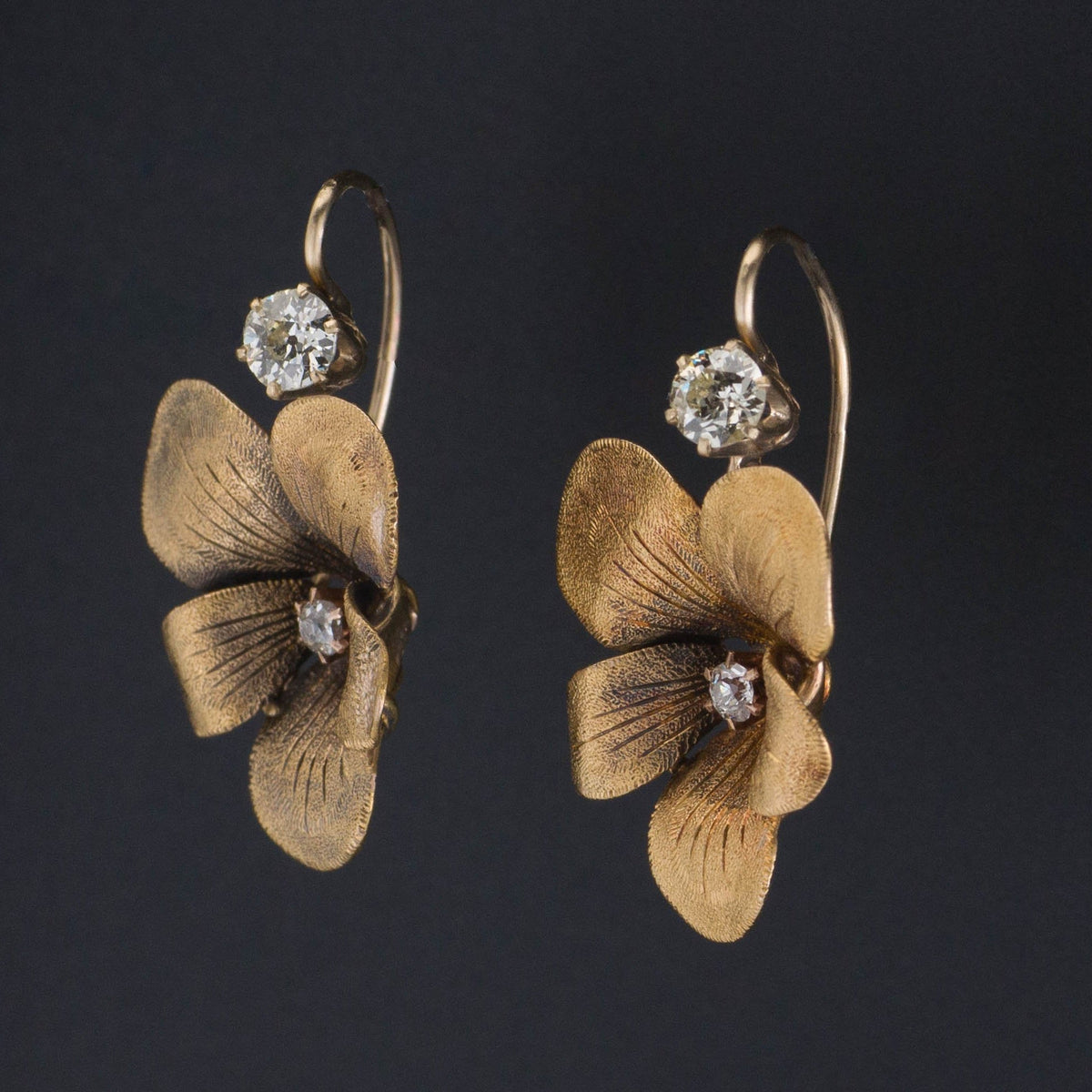 Violet Earrings | 14k Gold &amp; Diamond Flower Earrings - Trademark Antiques