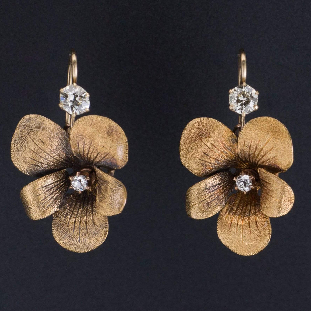 Violet Earrings | 14k Gold &amp; Diamond Flower Earrings - Trademark Antiques