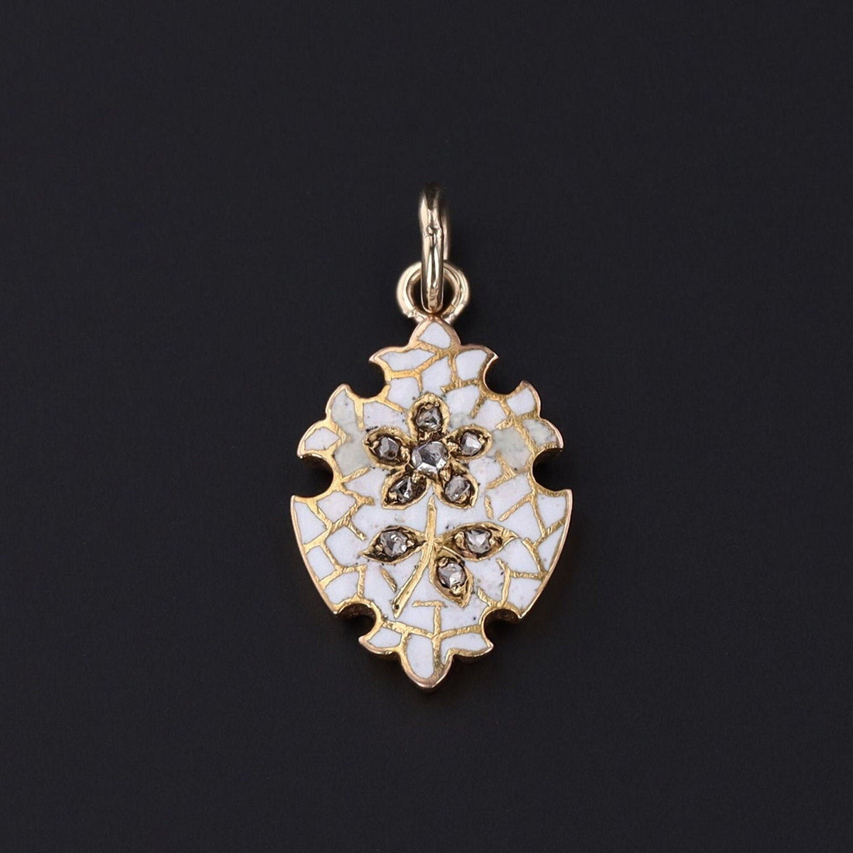 White Enamel &amp; Diamond Flower Charm | 18k Gold Charm - Trademark Antiques