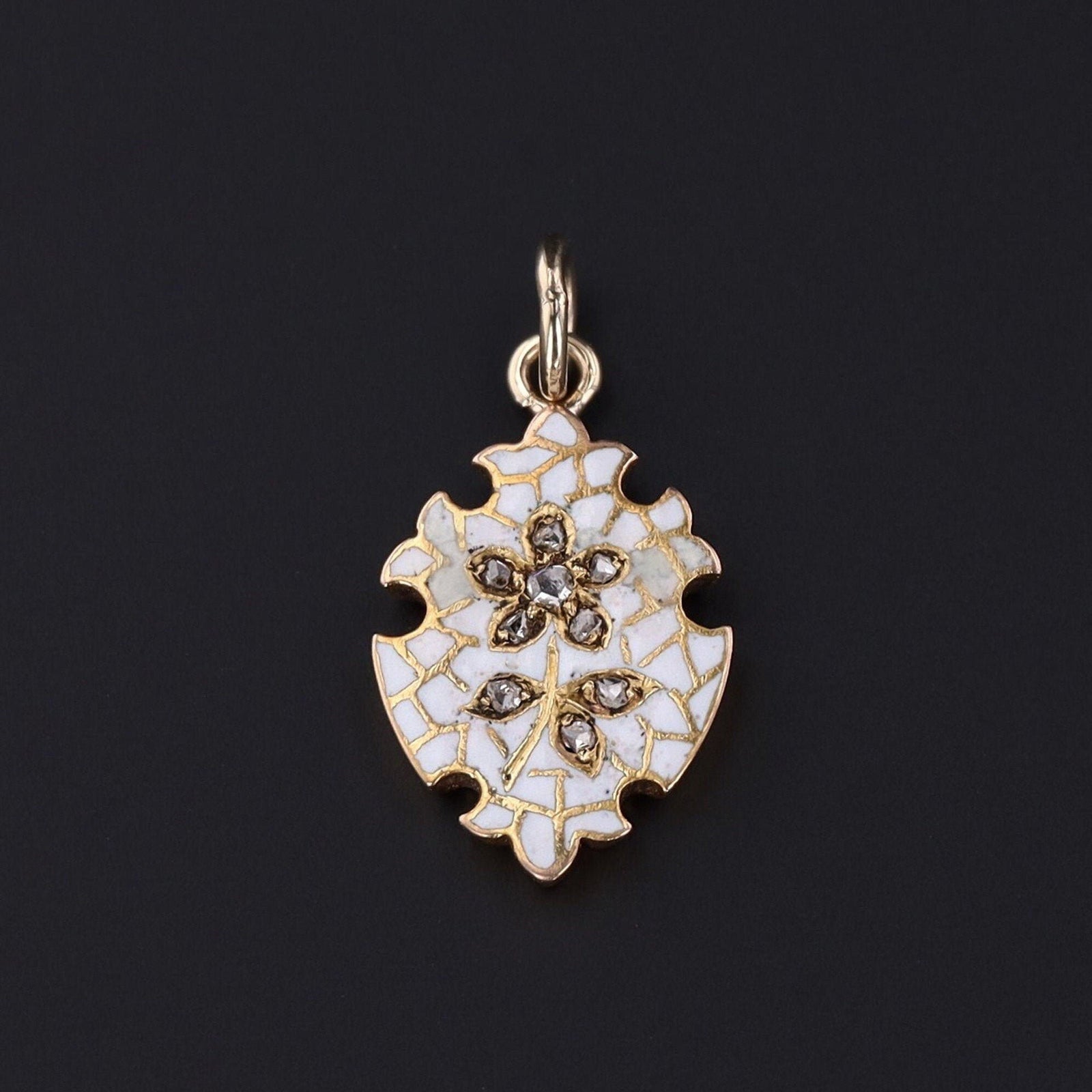 White Enamel & Diamond Flower Charm | 18k Gold Charm - Trademark Antiques