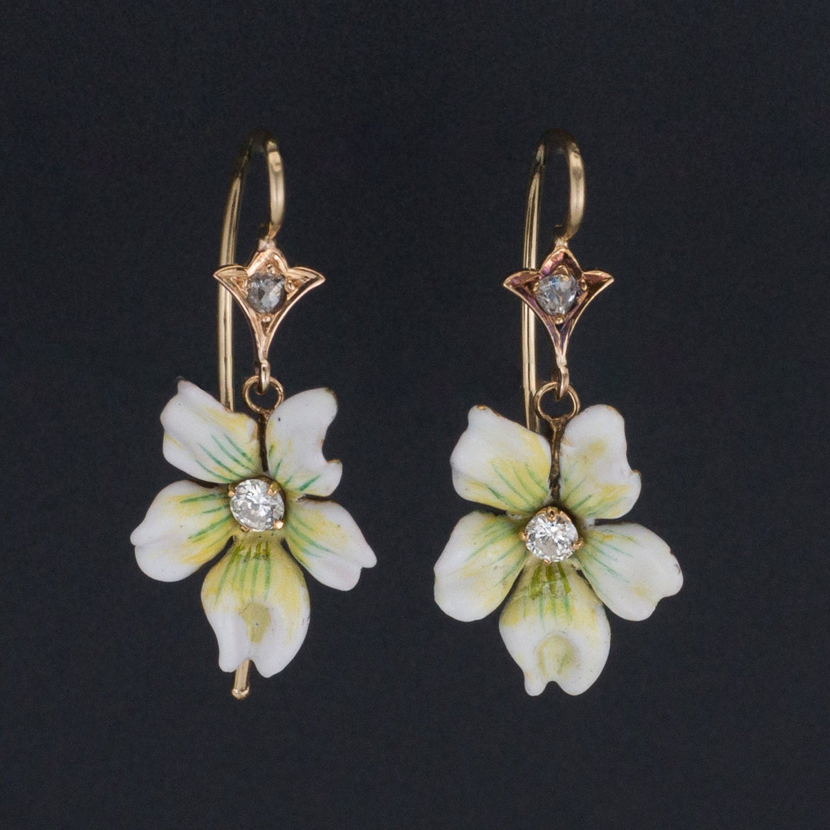 White Violet Earrings | 14k Enamel Flower Earrings - Trademark Antiques