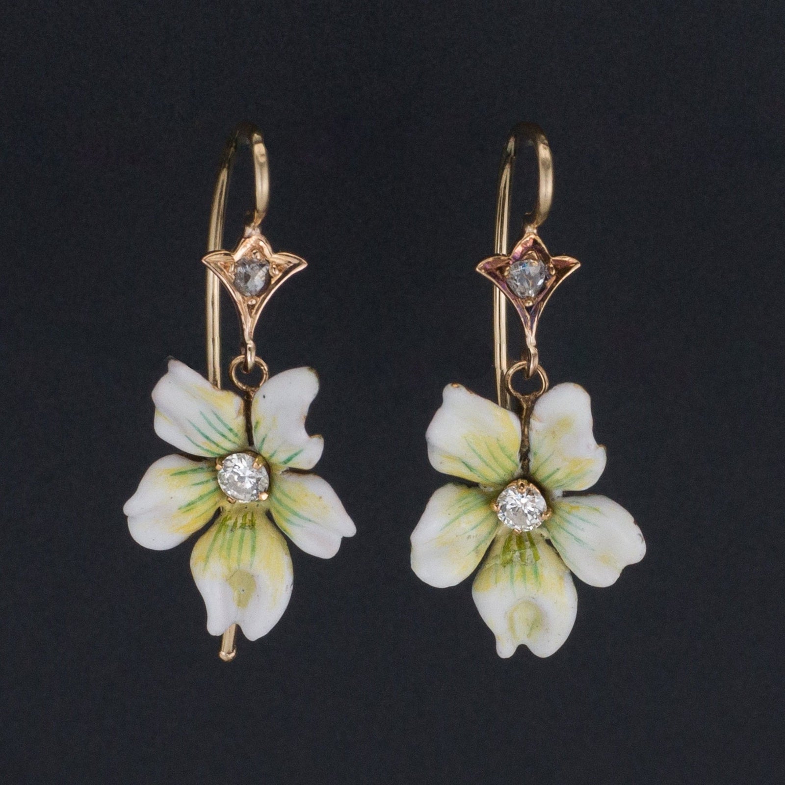 White Violet Earrings | 14k Enamel Flower Earrings - Trademark Antiques