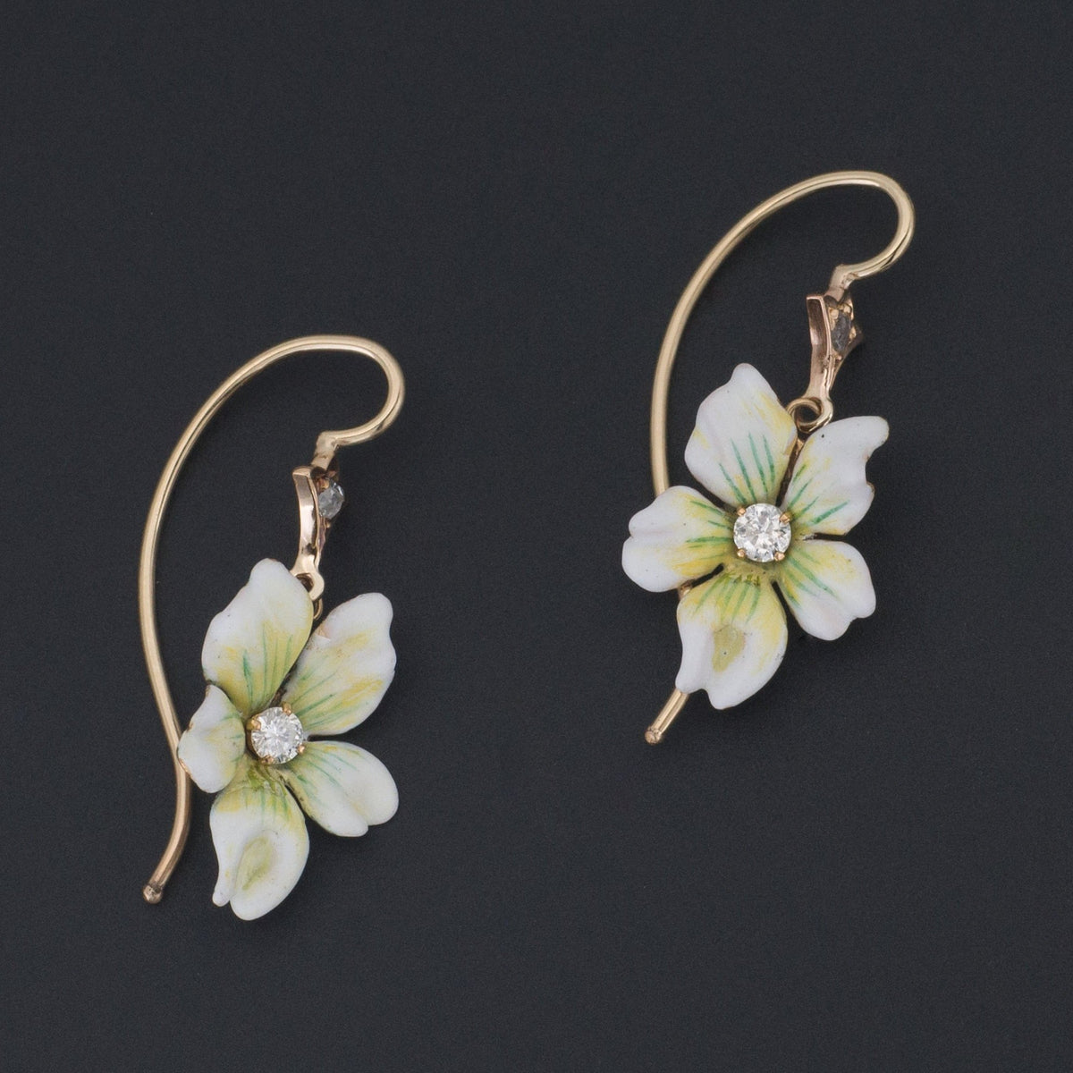 White Violet Earrings | 14k Enamel Flower Earrings - Trademark Antiques