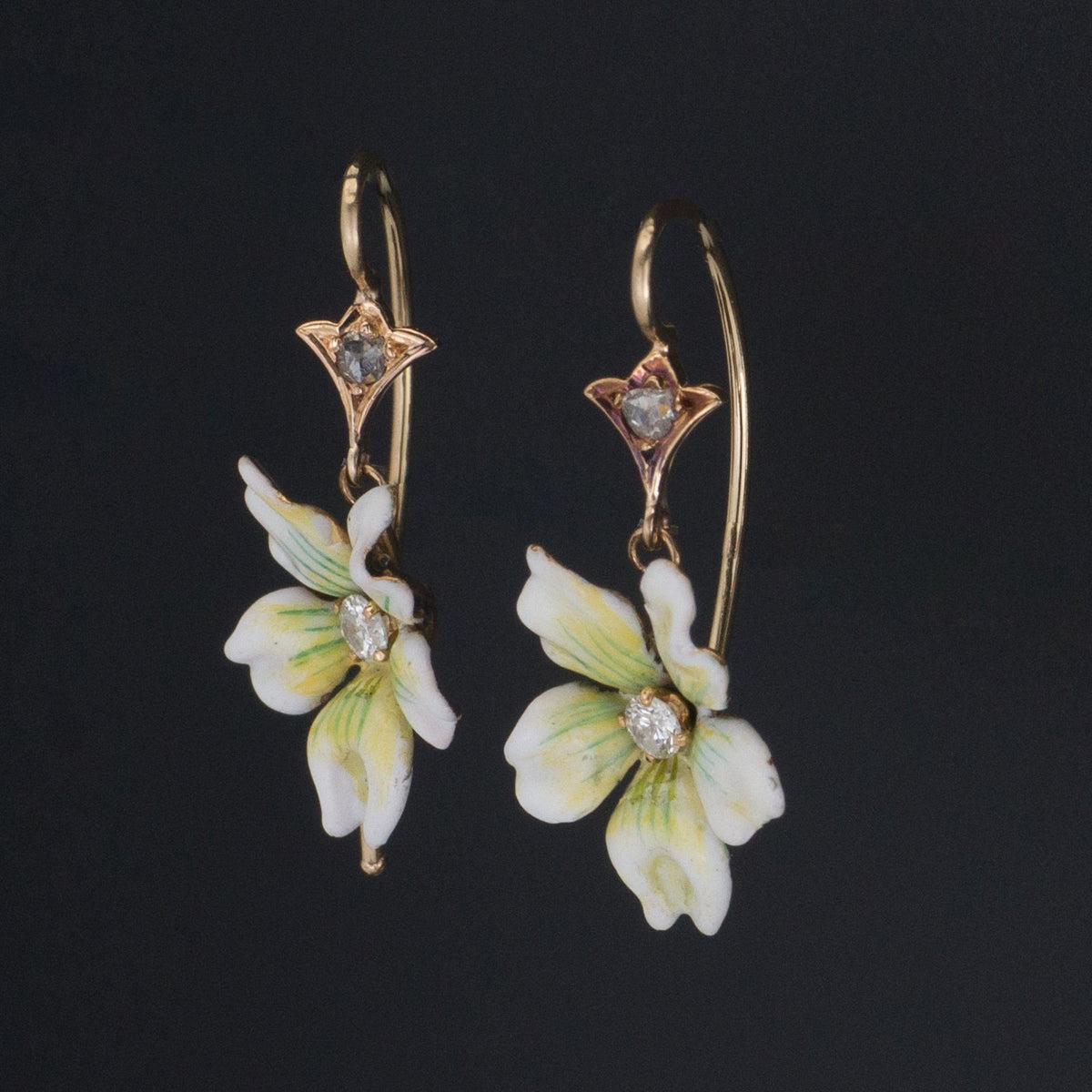 White Violet Earrings | 14k Enamel Flower Earrings - Trademark Antiques