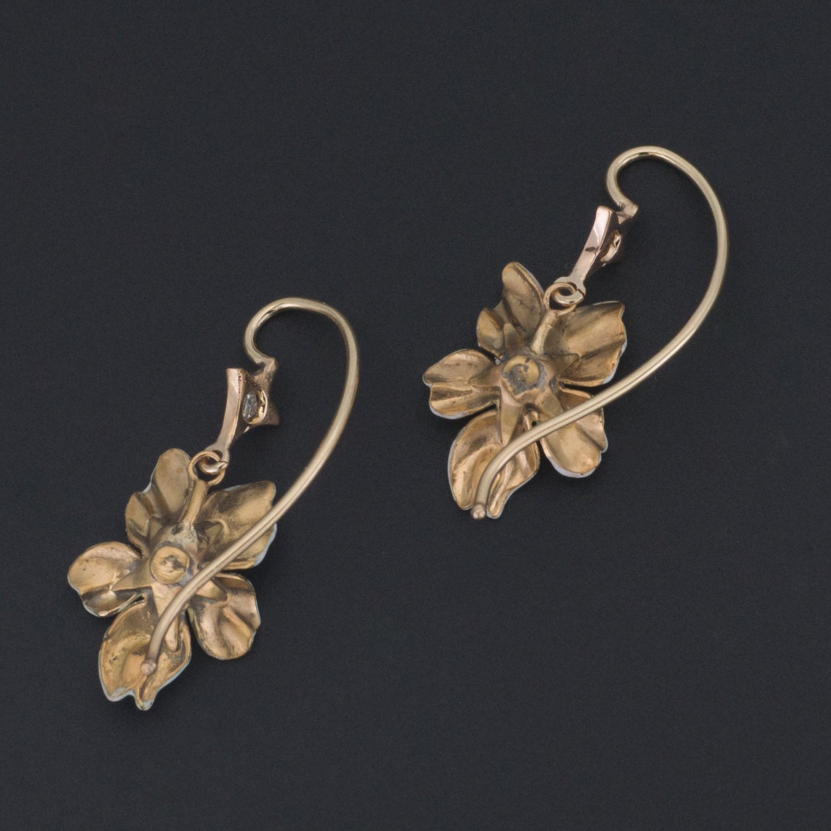 White Violet Earrings | 14k Enamel Flower Earrings - Trademark Antiques