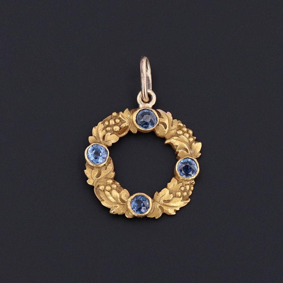 Wreath Pendant | 14k Gold &amp; Sapphire Charm - Trademark Antiques