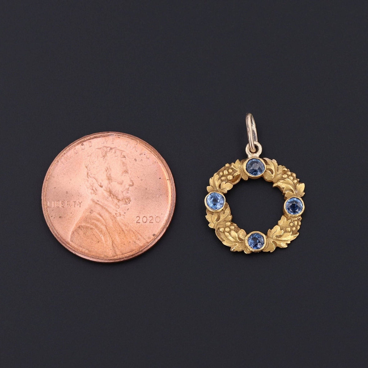 Wreath Pendant | 14k Gold &amp; Sapphire Charm - Trademark Antiques