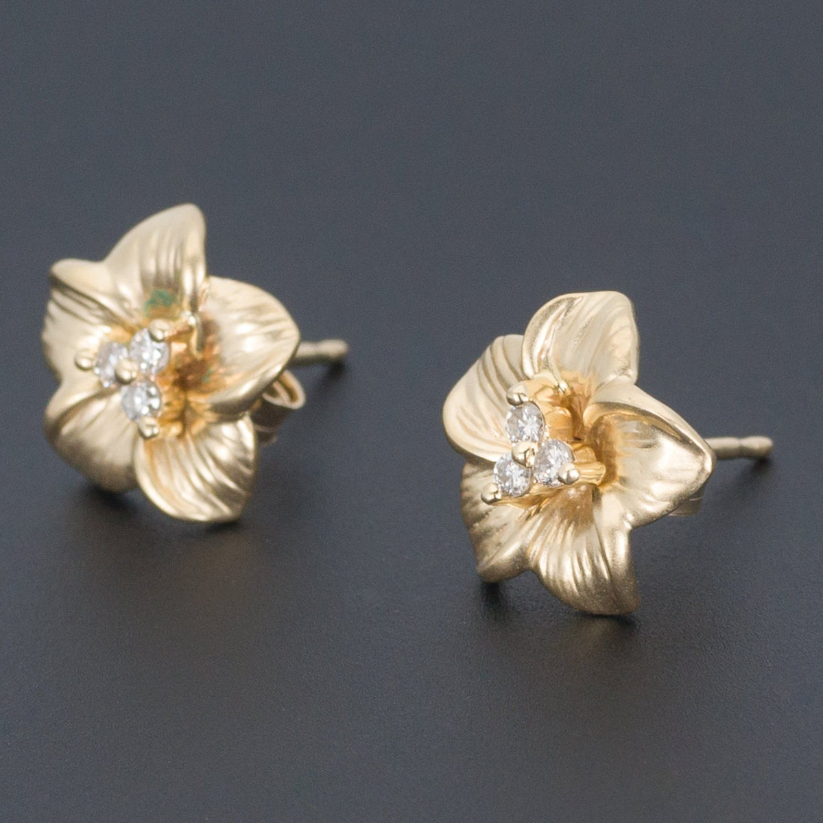 Yellow Gold Flower Earrings | Vintage Diamond Flower Earrings - Trademark Antiques